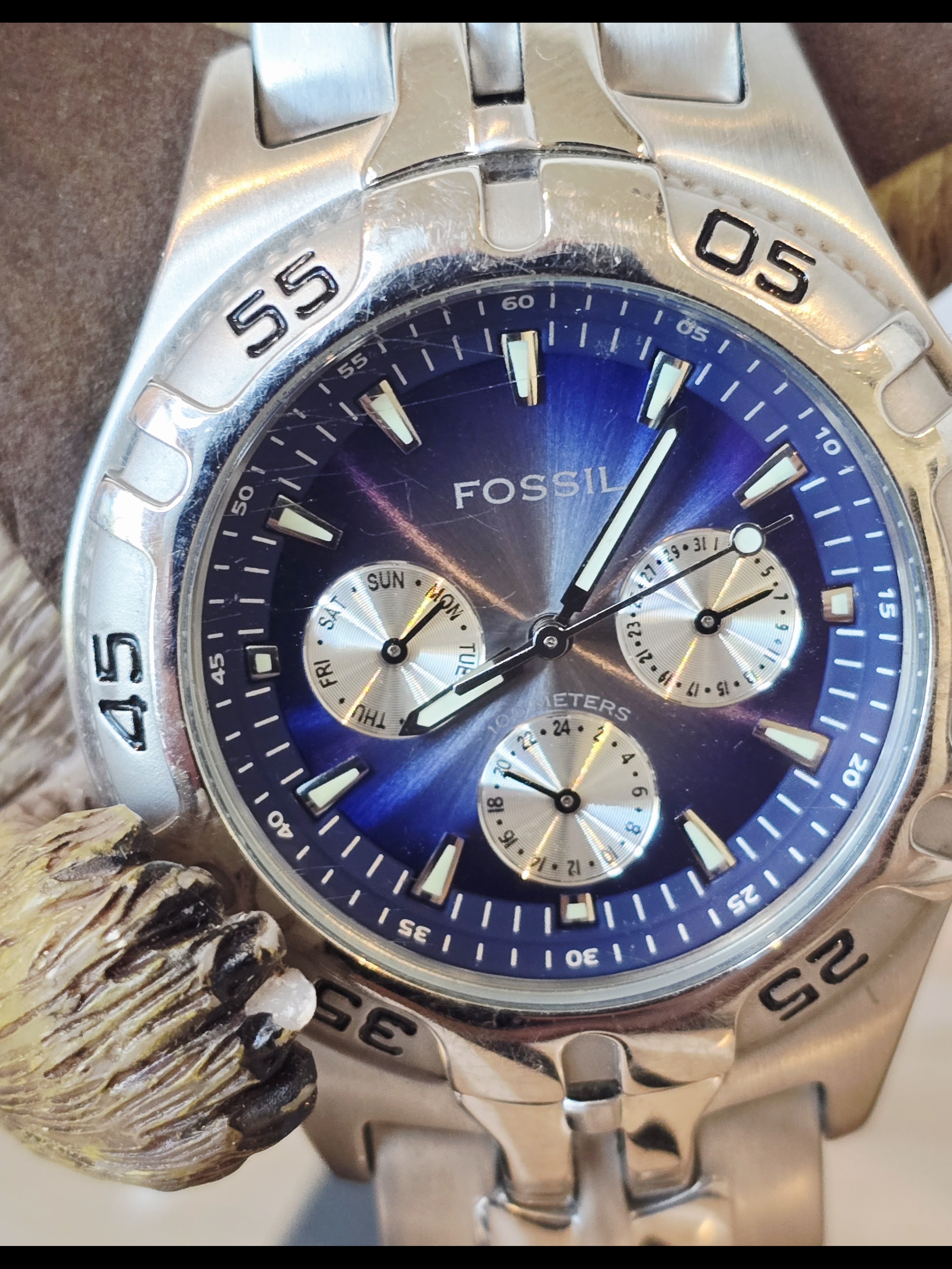 Fossil Blue Silver Stainless Steel Watch With Blue Dial Bq9177